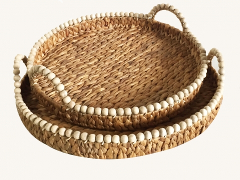 Vietnam water hyacinth tray with wooden beads, set of 2 pcs
